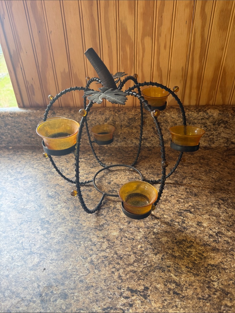 Black Metal Pumpkin Tealight Holder with Amber Glass Cups - Home Accents